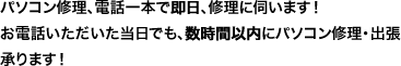 パソコン修理、電話一本で即日、修理に伺います！お電話いただいた当日でも、数時間以内にパソコン修理・出張承ります！